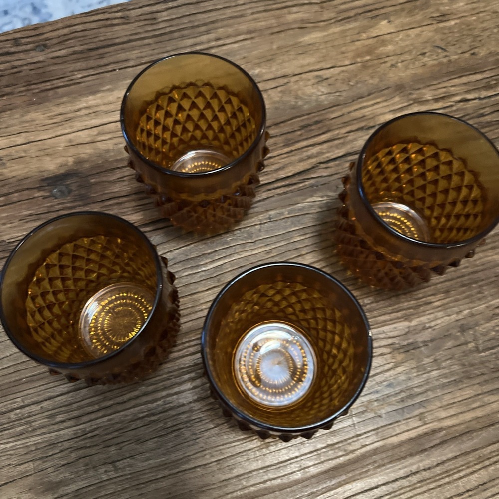 Vintage Indiana Glass Diamond Point Fkat Amber Tumblers, Set Of‎ 4, 3.5" Tall - Picture 2 of 6